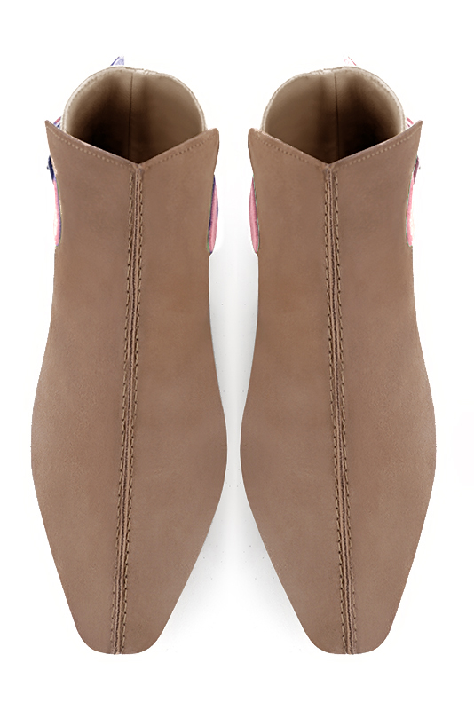 Biscuit beige, gold and carnation pink women's ankle boots with buckles at the back. Square toe. Flat flare heels. Top view - Florence KOOIJMAN